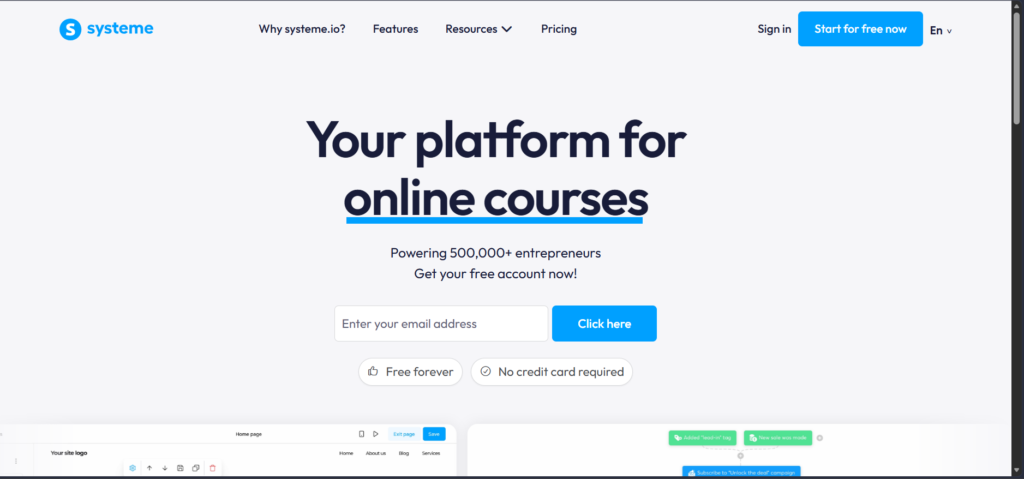 Hero section Systeme.io 