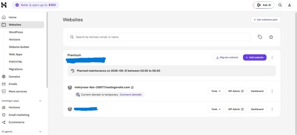 Hostinger dashboard hsotinger login 